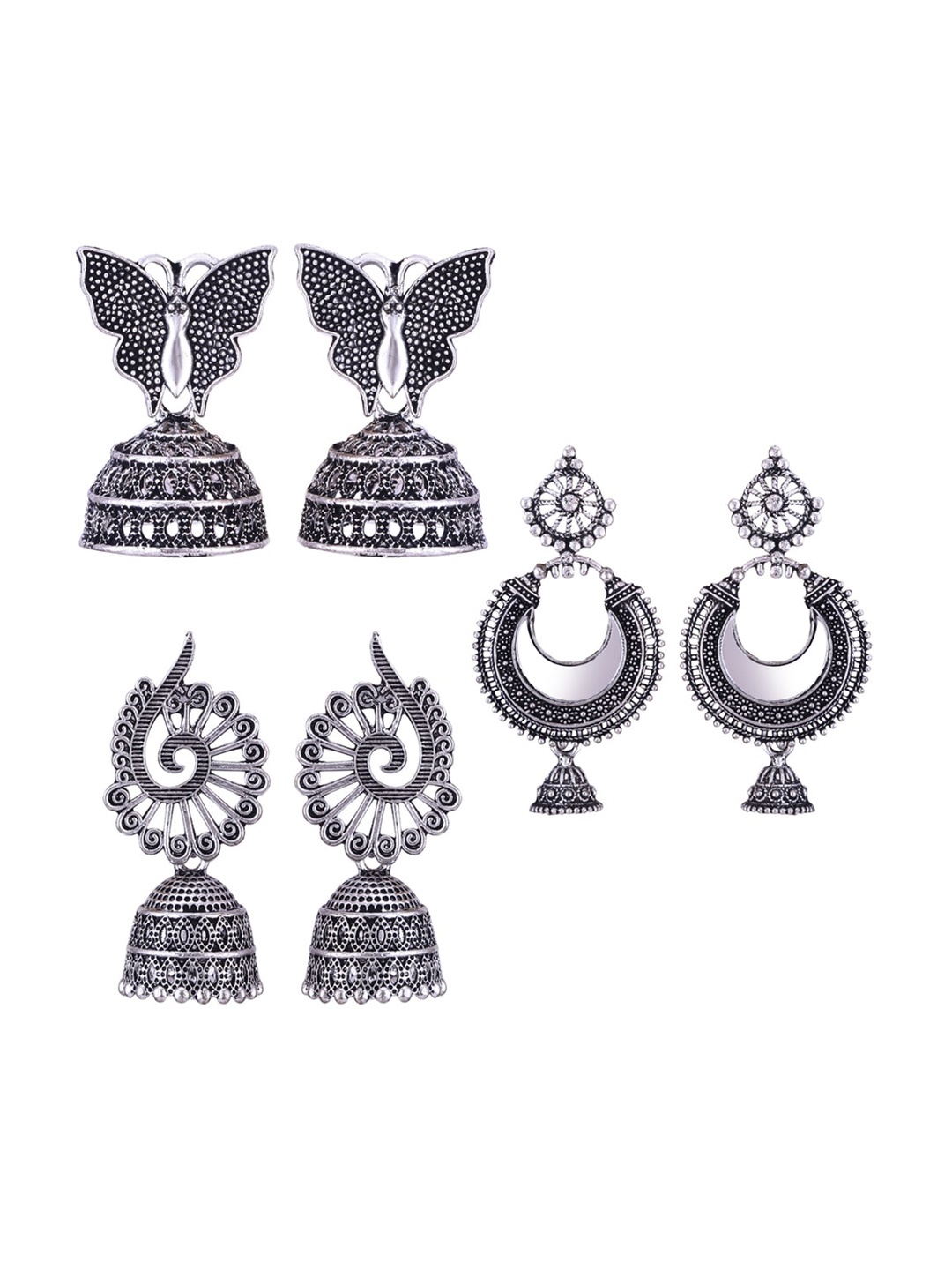 

MEENAZ Set Of 3 Silver Plated Dome Shaped Jhumkas
