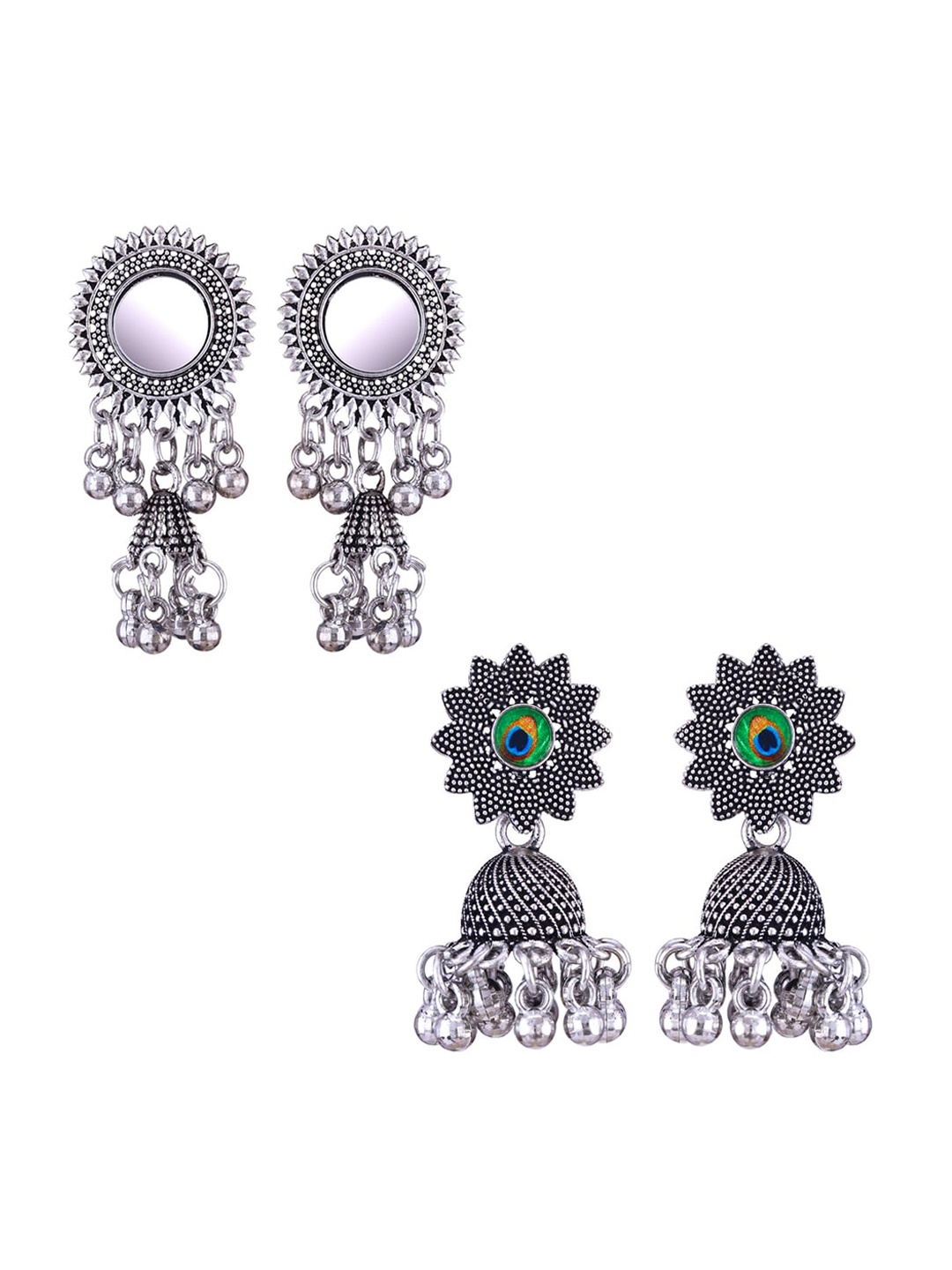 

MEENAZ Set Of 2 Silver-Plated Dome Shaped Jhumkas