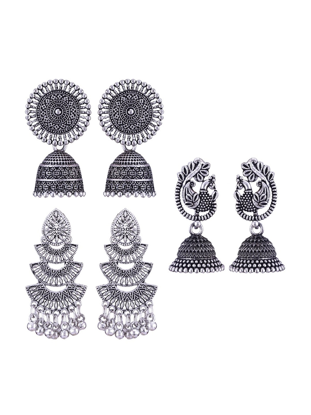 

MEENAZ Set Of 3 Silver-Plated Dome Shaped Oxidised Jhumkas