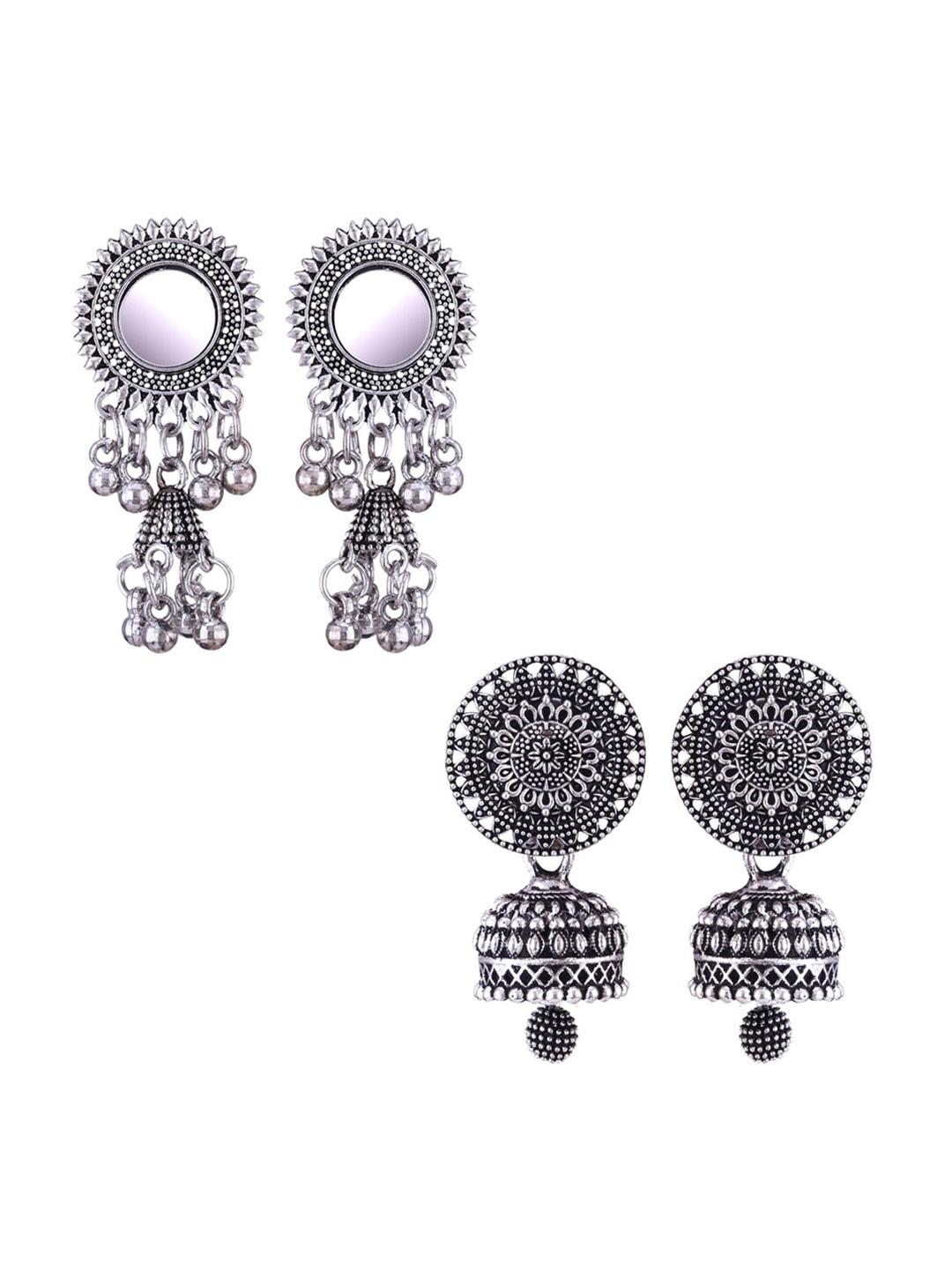 

MEENAZ Set Of 2 Silver-Plated Dome Shaped Oxidised Jhumkas