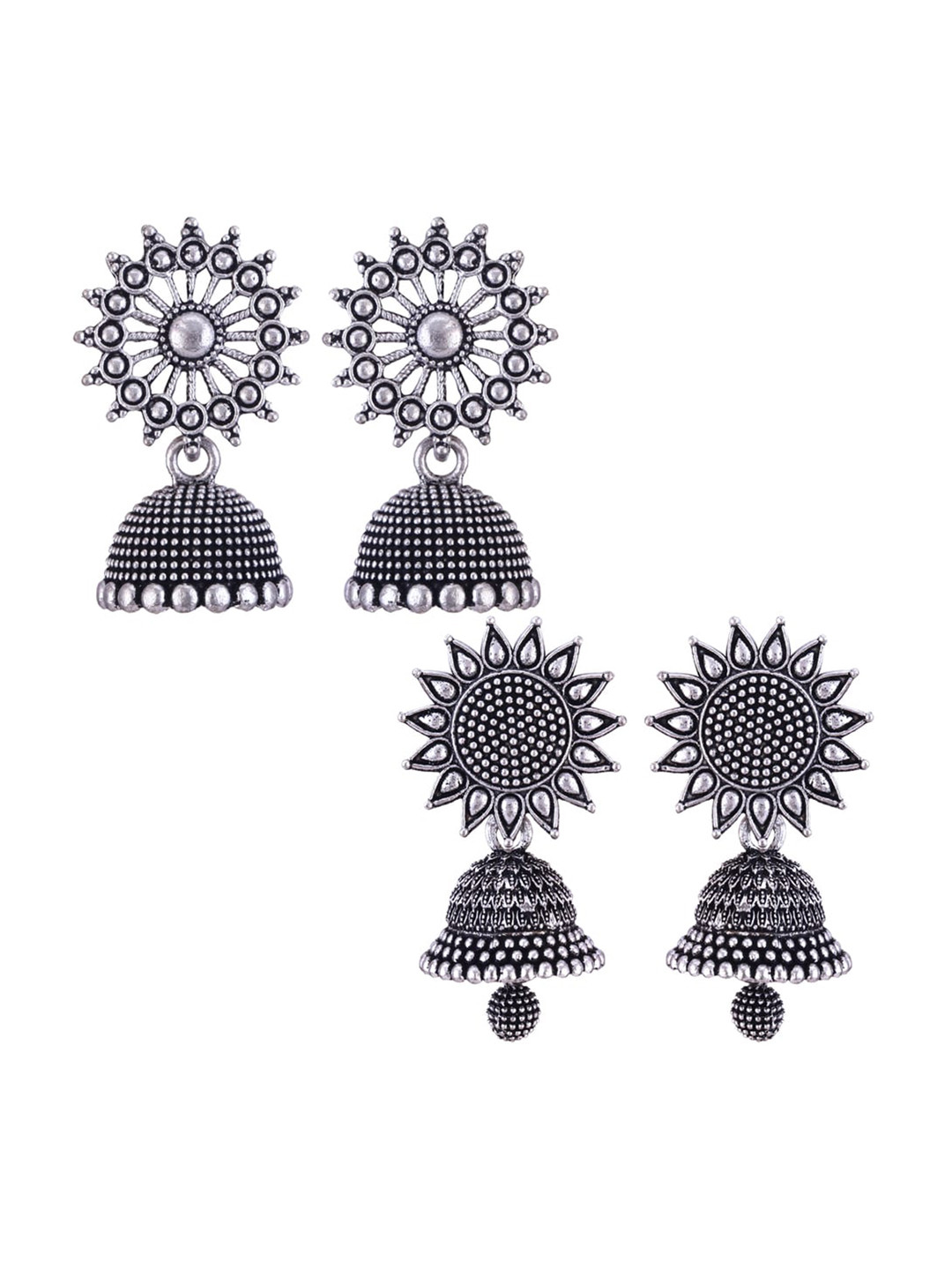

MEENAZ Set Of 2 Silver-Plated Dome Shaped Oxidised Jhumkas