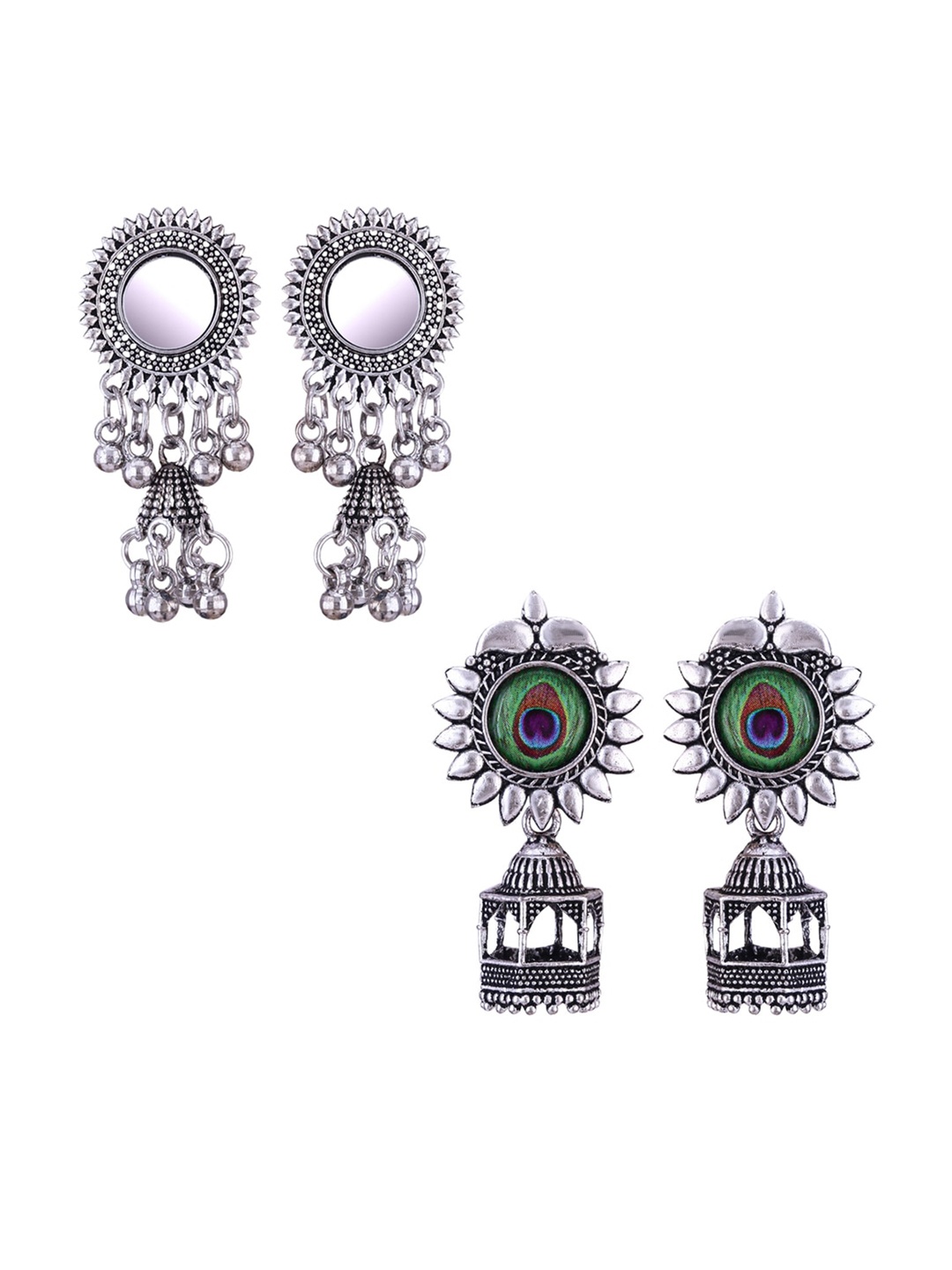 

MEENAZ Set Of 2 Silver-Plated Dome Shaped Oxidised Jhumkas