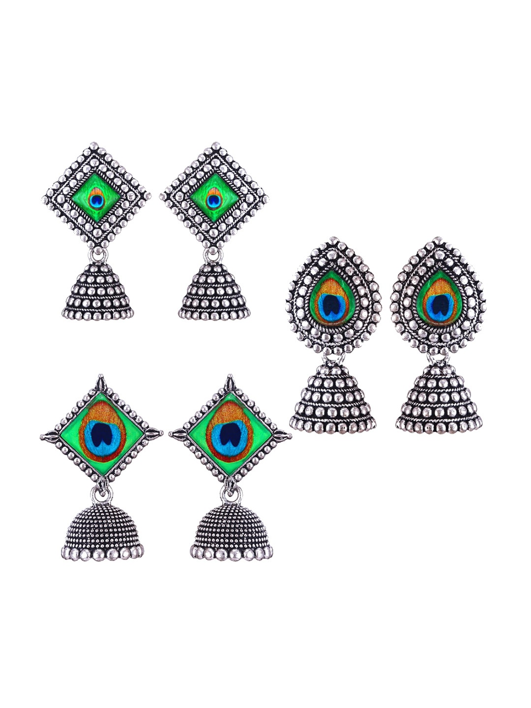 

MEENAZ Set Of 3 Stainless Steel Silver Plated Oxidised Dome Shaped Jhumkas