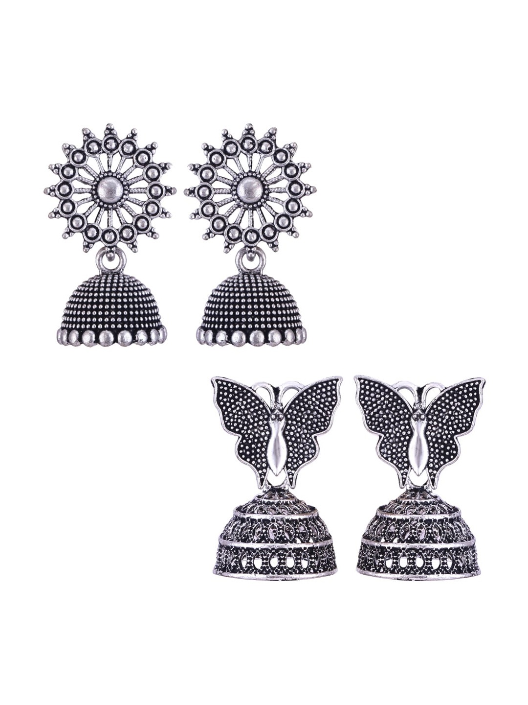 

MEENAZ Set Of 2 Stainless Steel Silver Plated Oxidised Dome Shaped Jhumkas