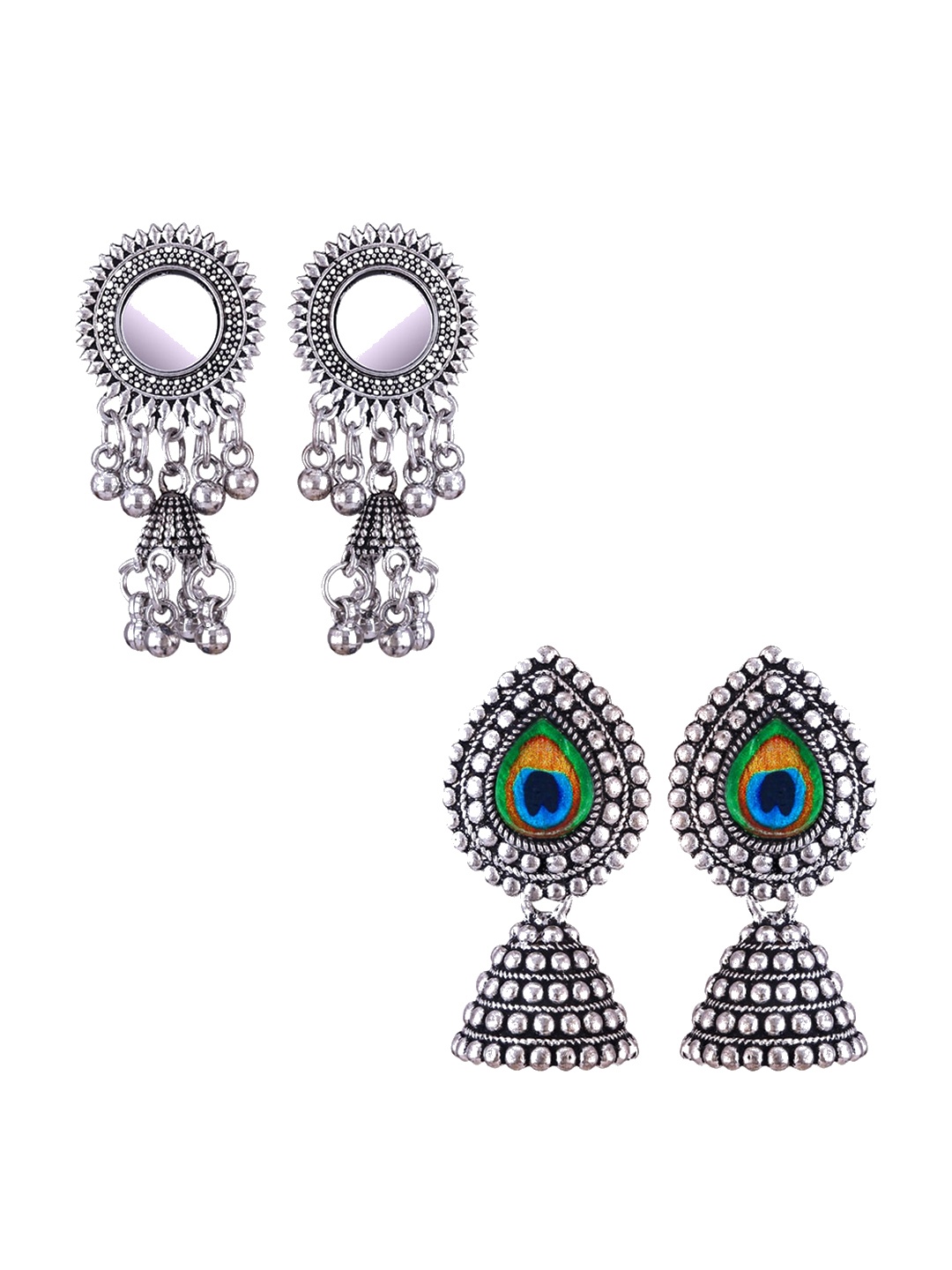 

MEENAZ Set Of 2 Stainless Steel Silver Plated Oxidised Dome Shaped Jhumkas