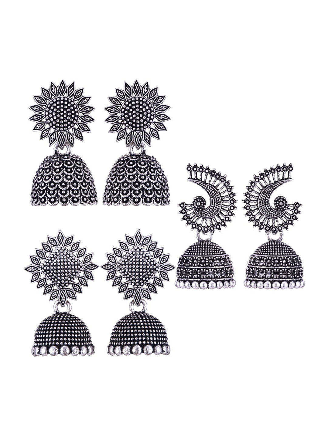 

MEENAZ Set Of 3 Silver-Plated Oxidised Jhumkas