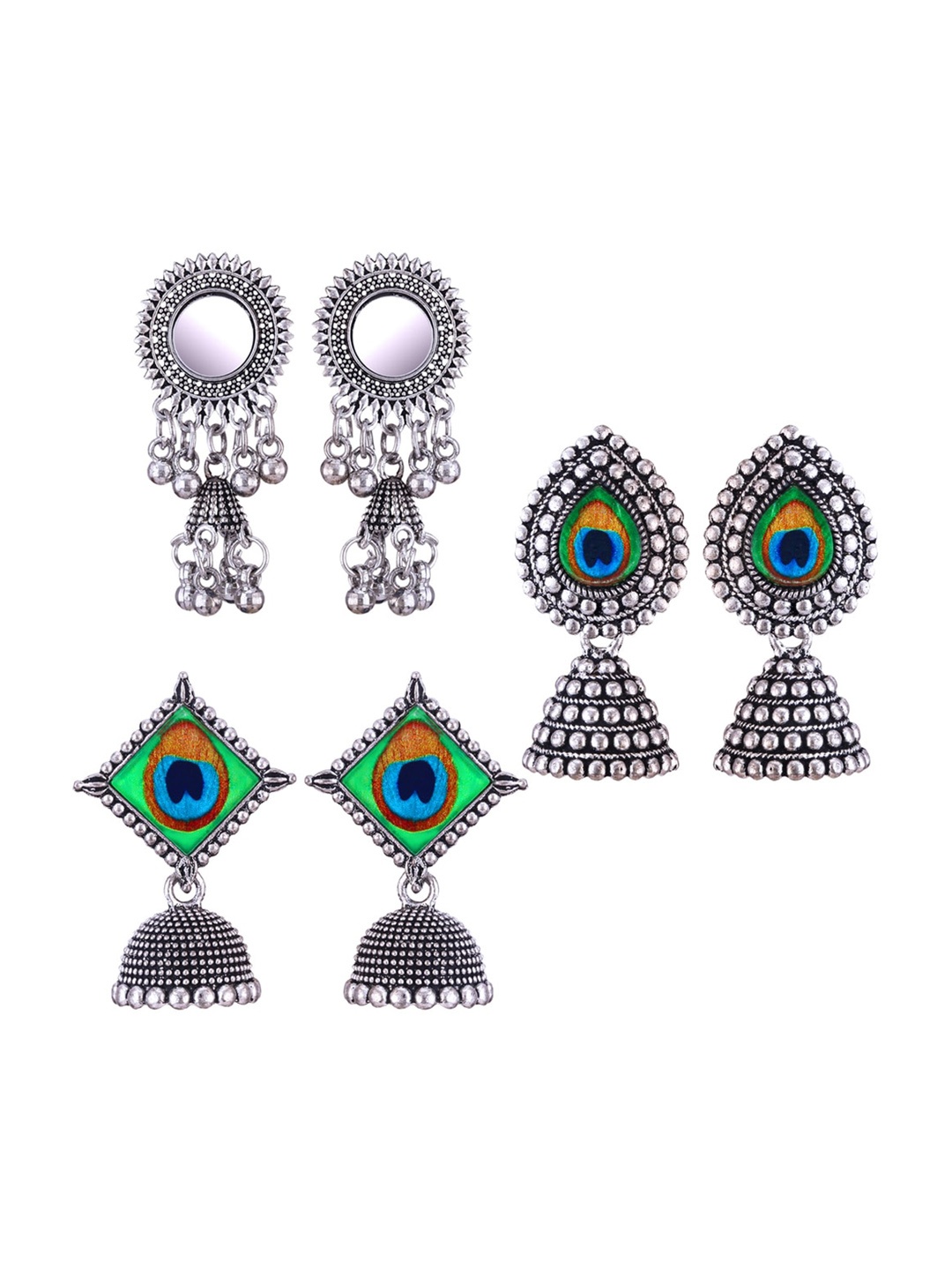 

MEENAZ Set Of 3 Silver-Plated Oxidised Jhumkas