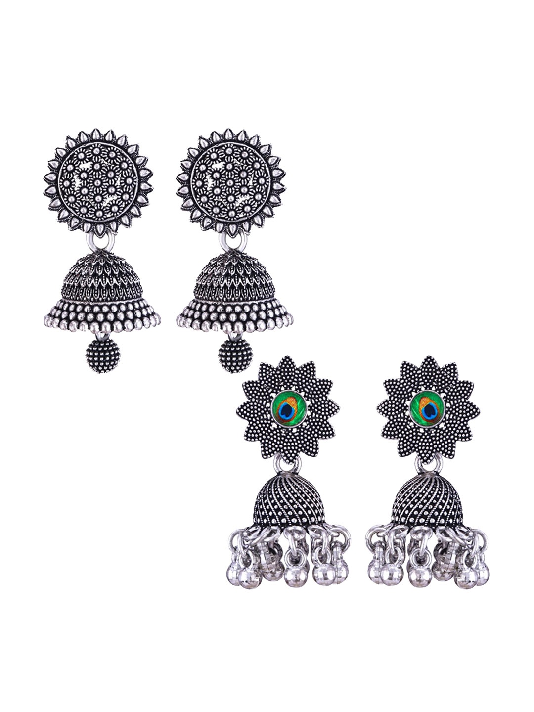 

MEENAZ Set Of 2 Peacock Shaped Oxidised Classic Jhumkas Earrings, Silver