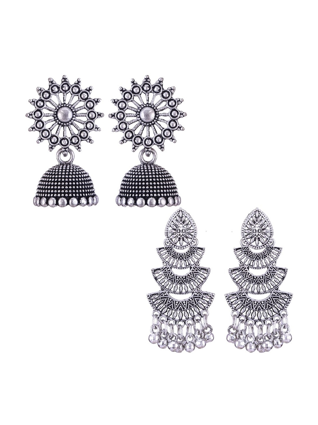 

MEENAZ Set Of 2 Peacock Shaped Oxidised Classic Jhumkas Earrings, Silver