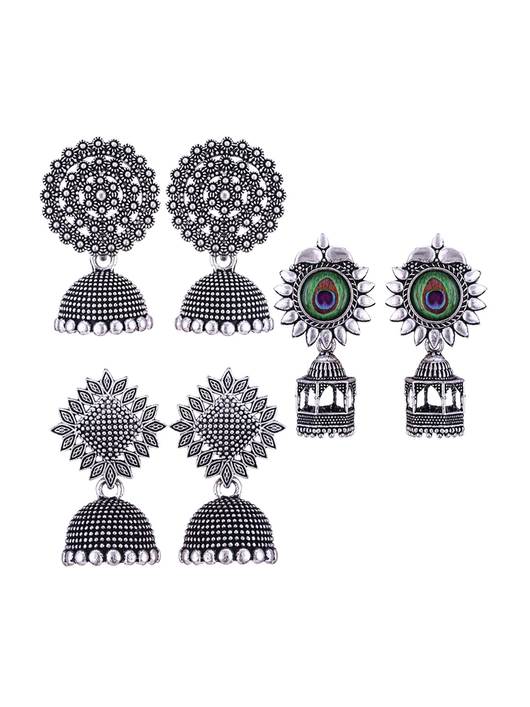 

MEENAZ Set Of 3 Silver Plated Stone Studded & Beaded Oxidised Peacock Shaped Jhumkas