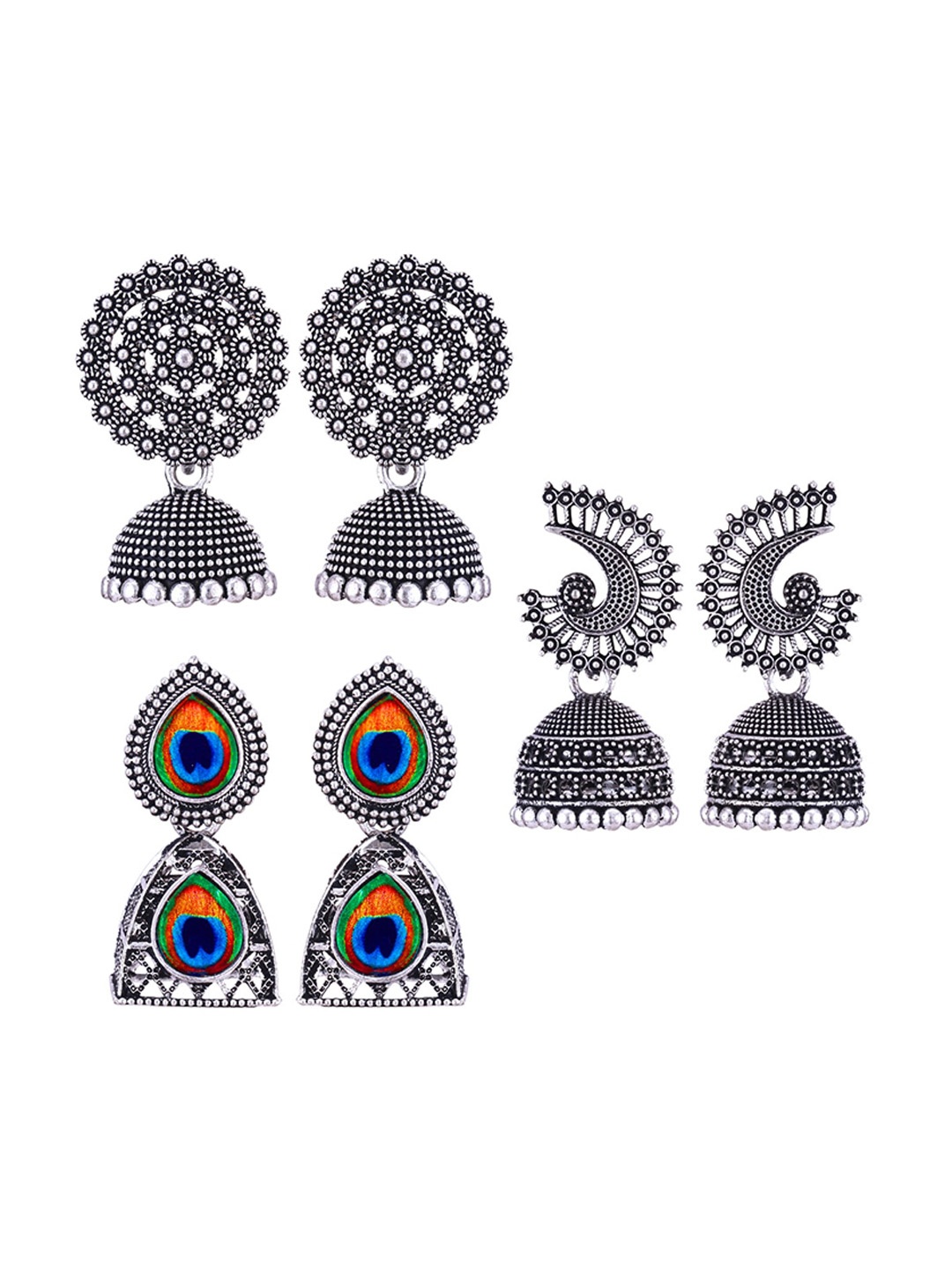 

MEENAZ Set Of 3 Silver Plated Stone Studded & Beaded Oxidised Peacock Shaped Jhumkas