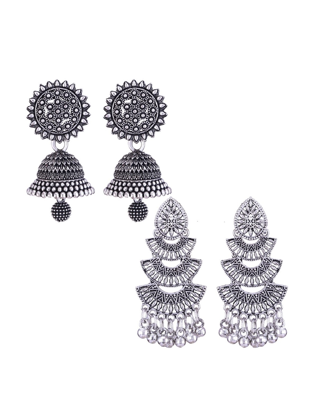 

MEENAZ Set Of 2 Silver Plated Stone Studded & Beaded Oxidised Peacock Shaped Jhumkas