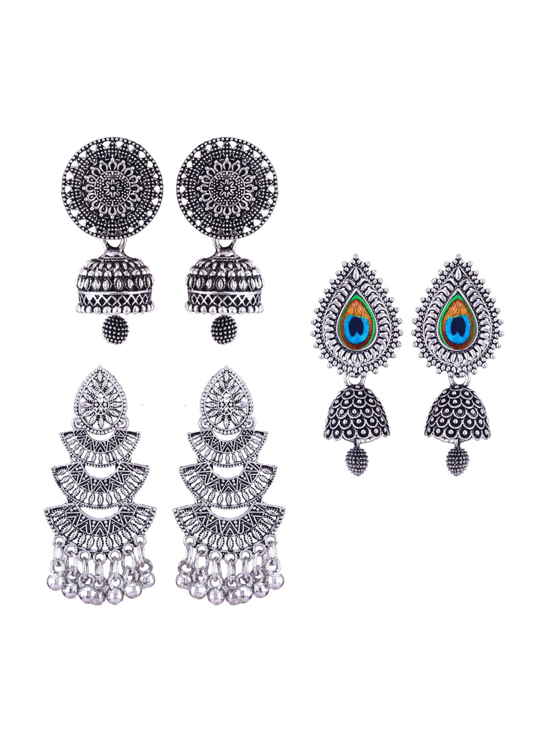 

MEENAZ Set Of 3 Silver-Plated Peacock Shaped Jhumkas