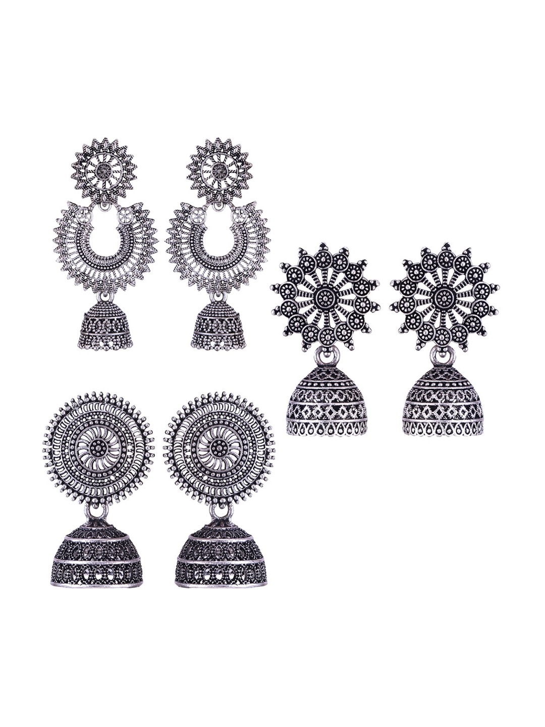 

MEENAZ Set Of 3 Silver-Plated Peacock Shaped Jhumkas