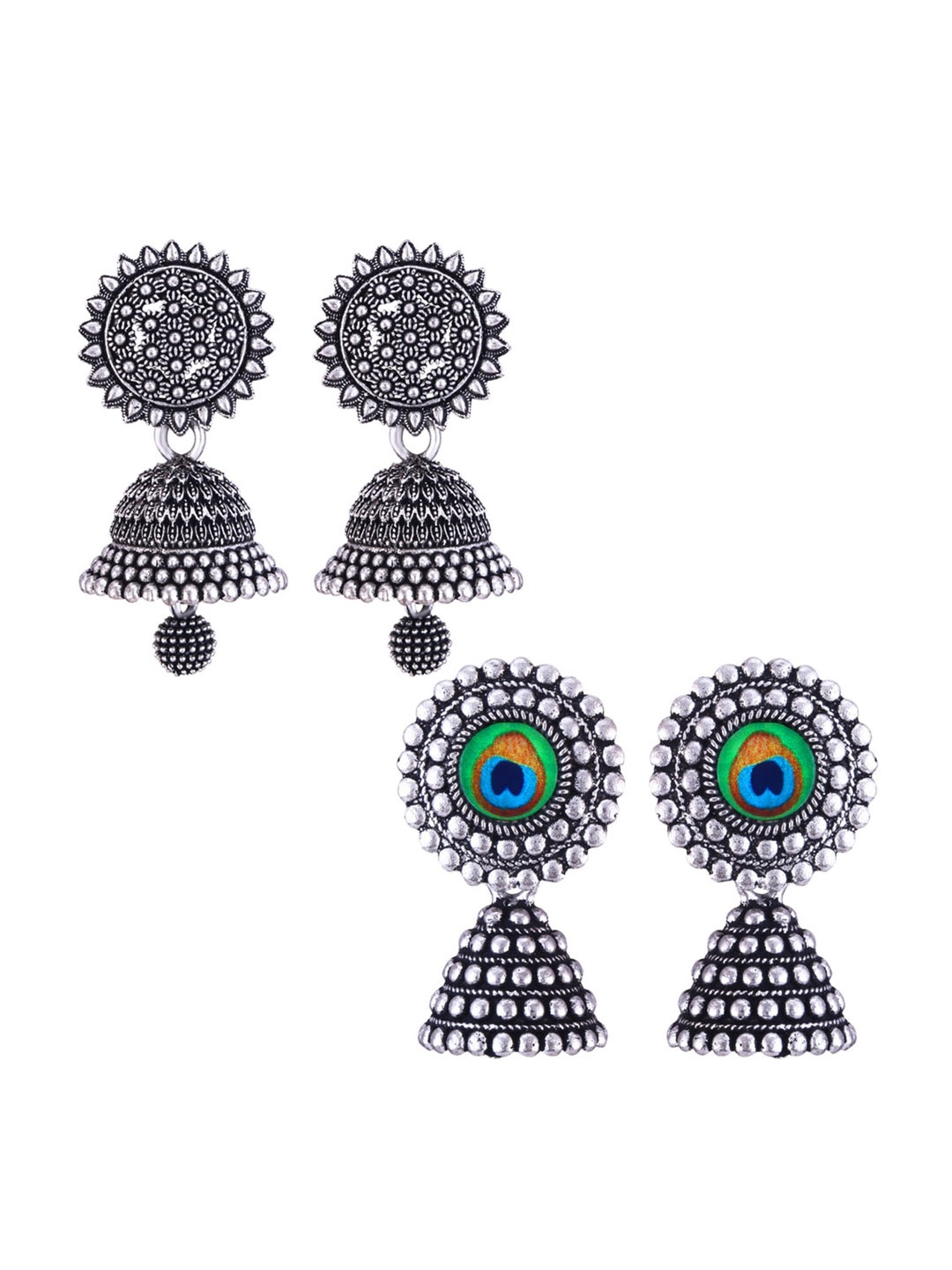 

MEENAZ Set Of 2 Silver-Plated Dome Shaped Jhumkas