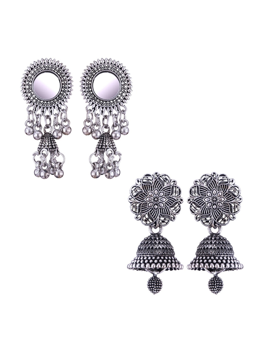 

MEENAZ Set Of 2 Silver-Plated Dome Shaped Jhumkas
