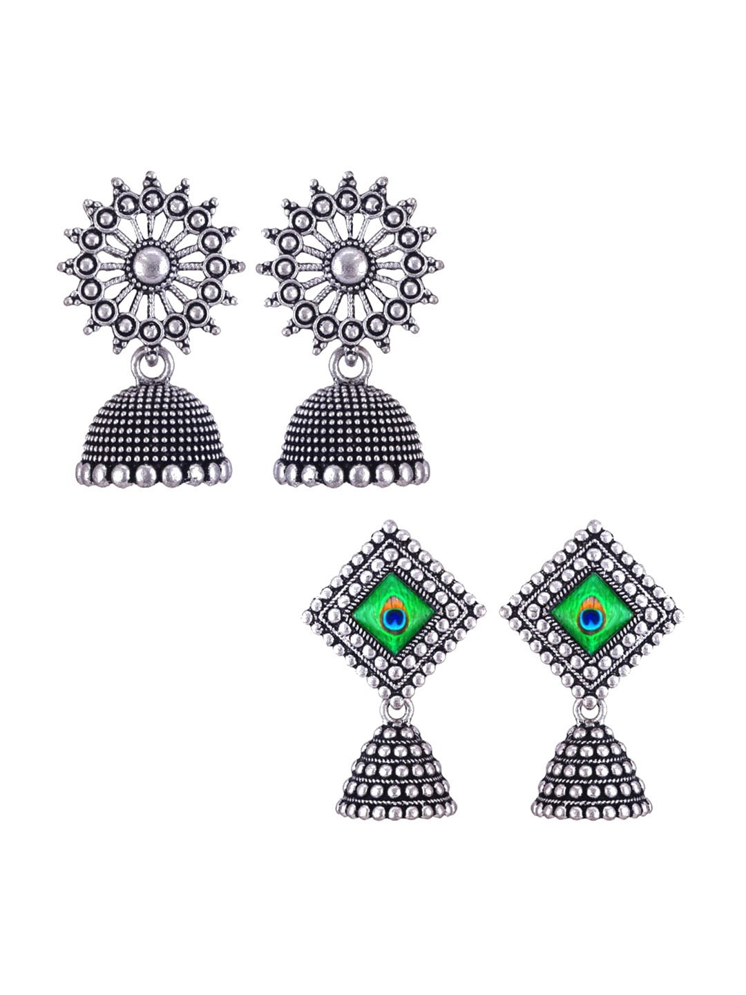 

MEENAZ Set Of 2 Silver-Plated Peacock Shaped Jhumkas