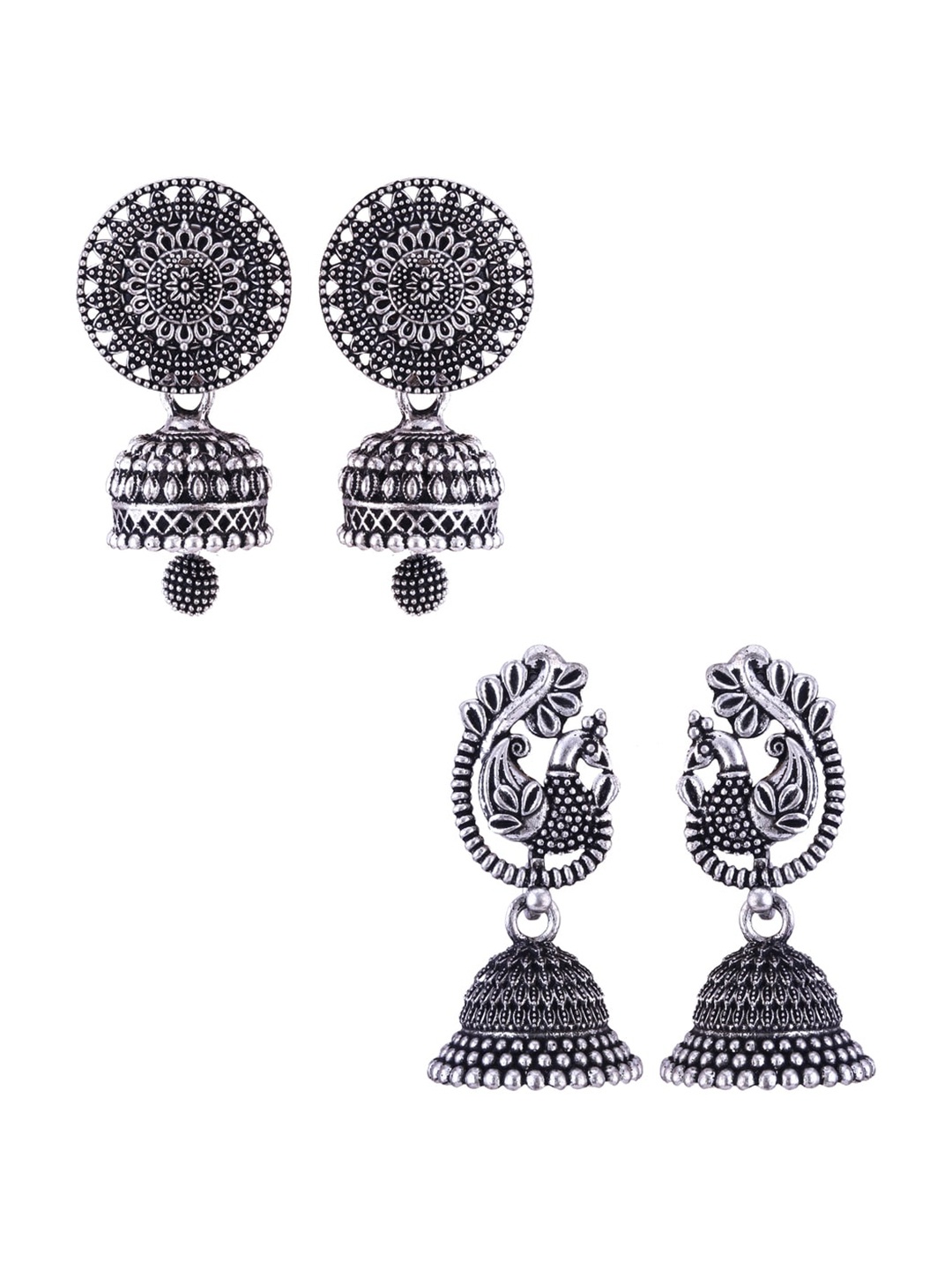 

MEENAZ Set Of 2 Silver-Plated Peacock Shaped Jhumkas