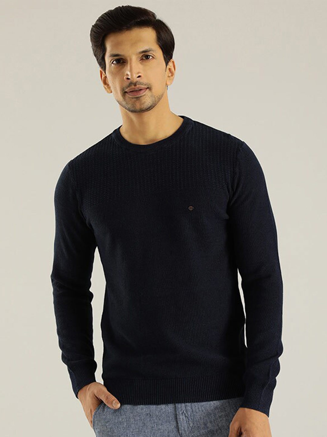 

Indian Terrain Ribbed Round Neck Cotton Pullover Sweater, Navy blue