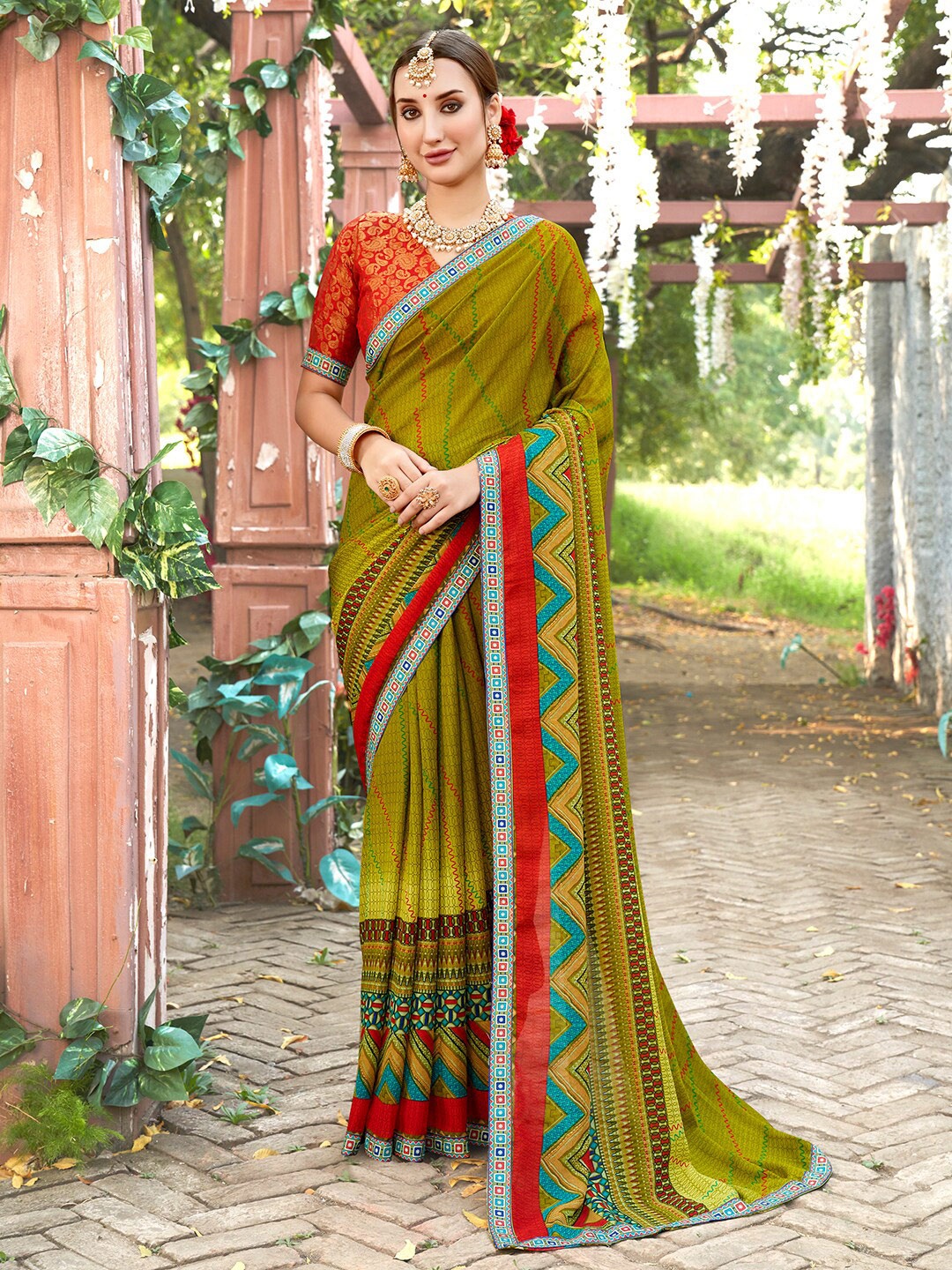 

Anouk Rustic Green Geometric Printed Saree