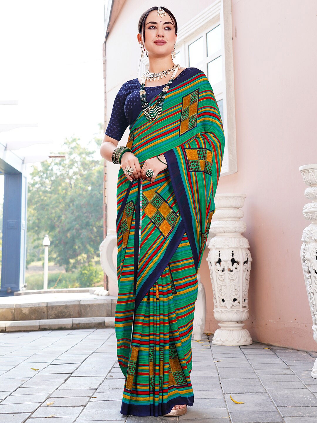 

Anouk Rustic Striped Saree, Sea green
