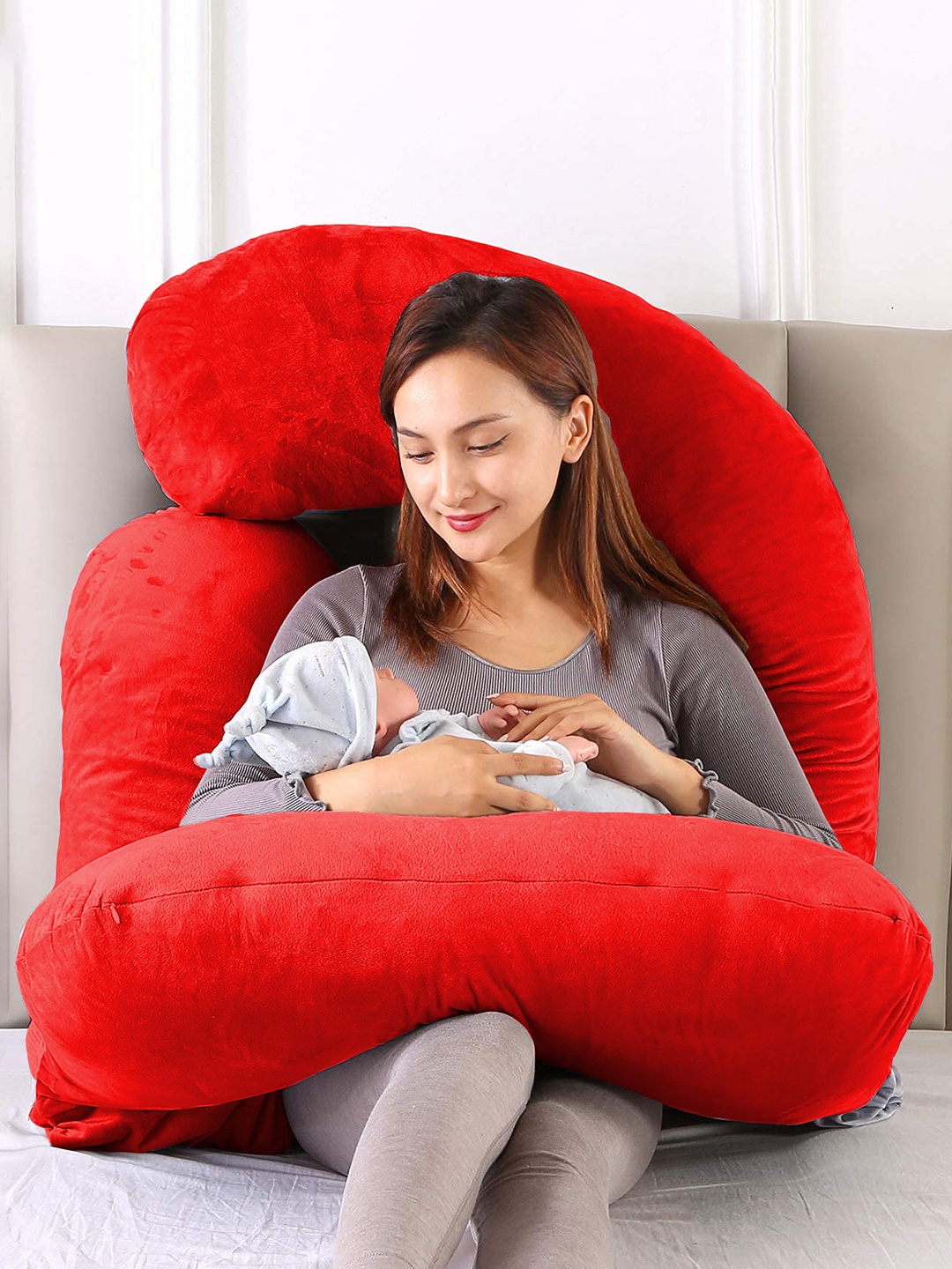 

DADDY COOL Red Fibre Filled Faux Velvet J Shape Ultra Soft Maternity Pillow