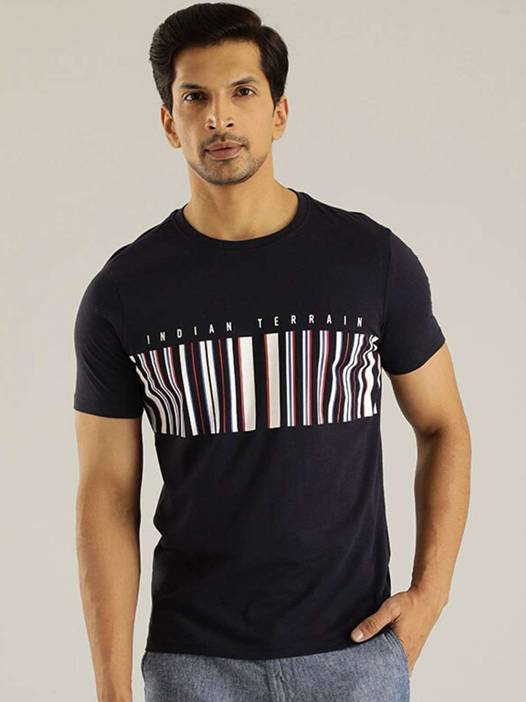 

Indian Terrain Geometric Printed Pure Cotton T-shirt, Navy blue