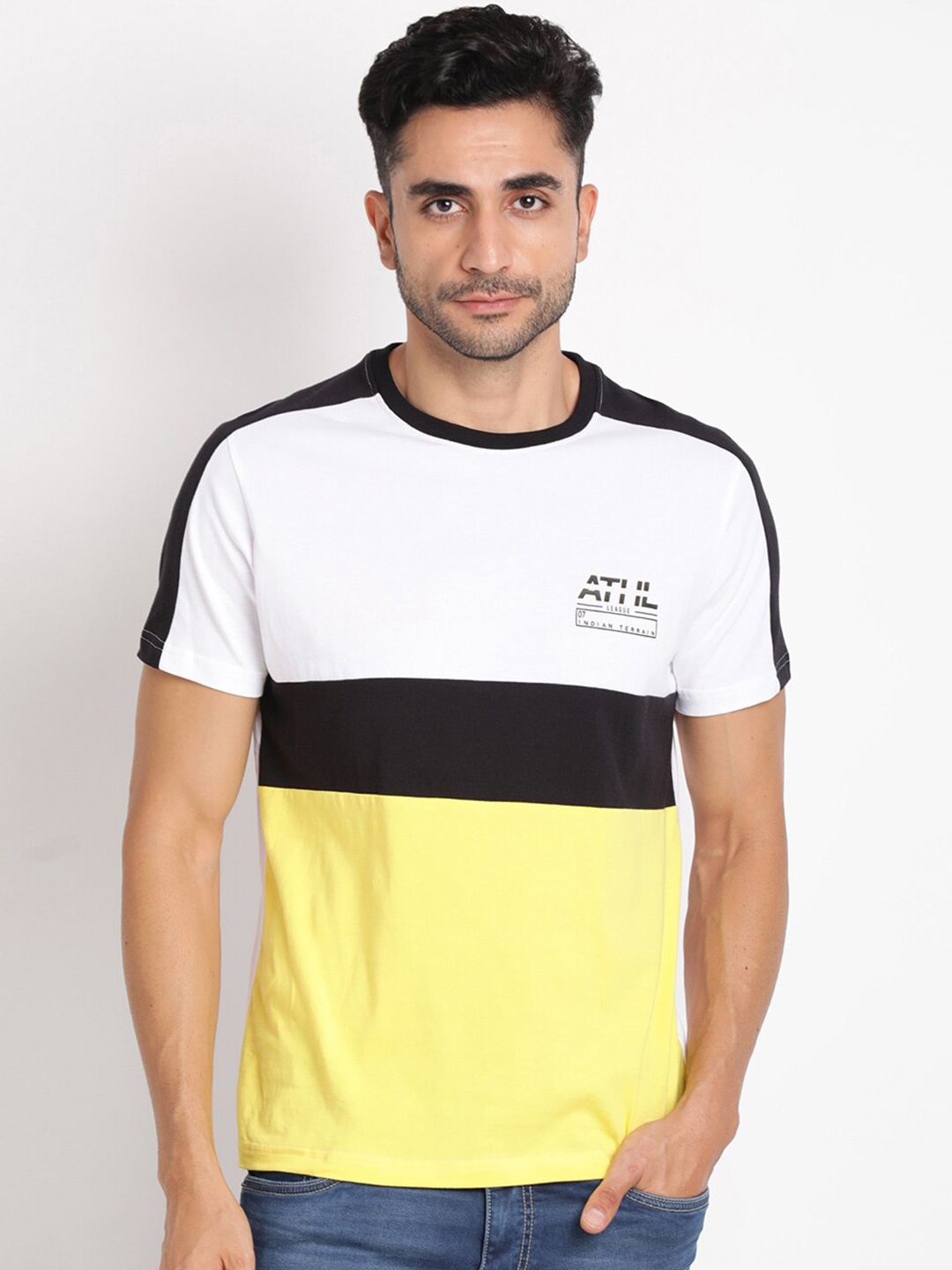 

Indian Terrain Colourblocked Round Neck Cotton Regular T-shirt, Yellow