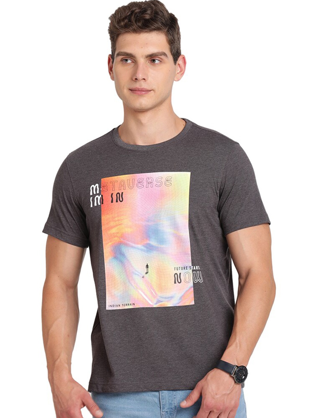 

Indian Terrain Graphic Printed Round Neck T-shirt, Grey
