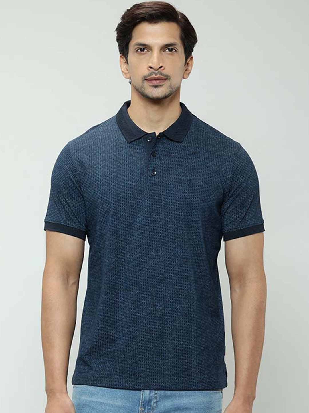 

Indian Terrain Abstract Printed Polo Collar Pure Cotton T-shirt, Navy blue