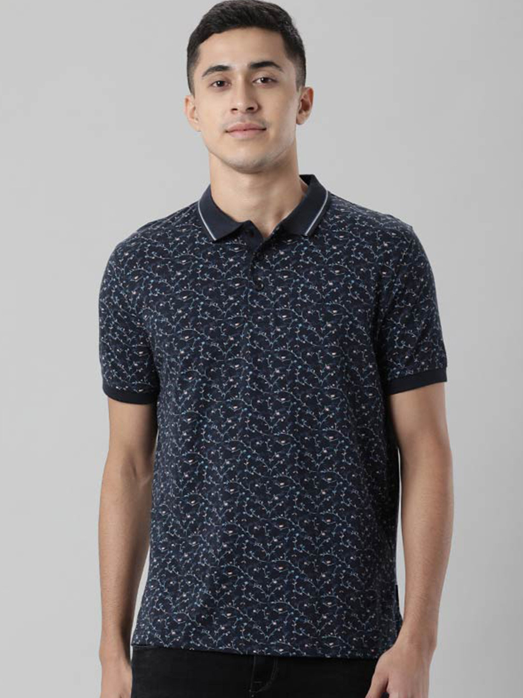

Indian Terrain Floral Printed Polo Collar Pure Cotton T-shirt, Navy blue