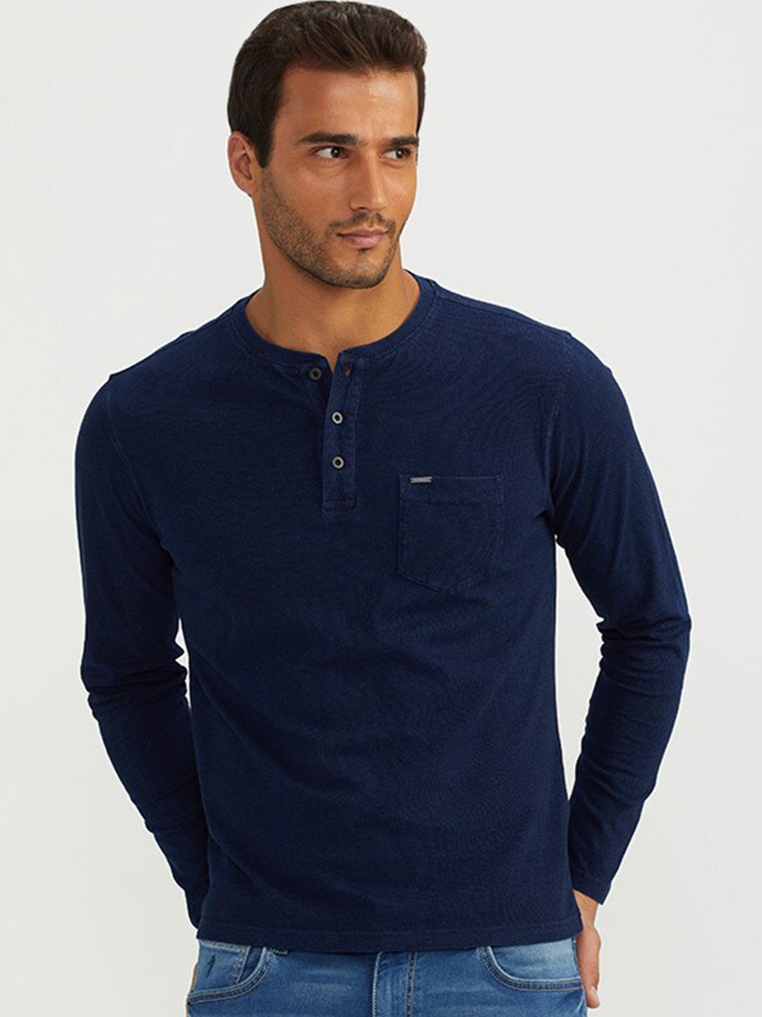 

Indian Terrain Henley Neck Long Sleeve Cotton Regular Fit T-shirt, Navy blue