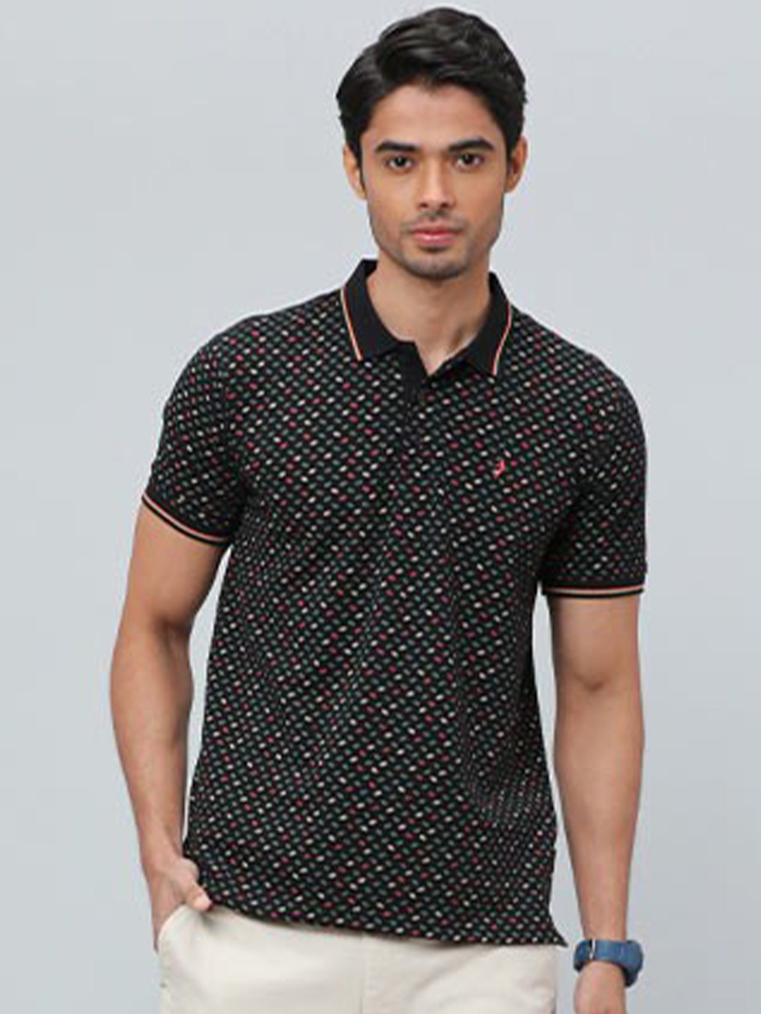 

Indian Terrain Geometric Printed Polo Collar T-shirt, Black