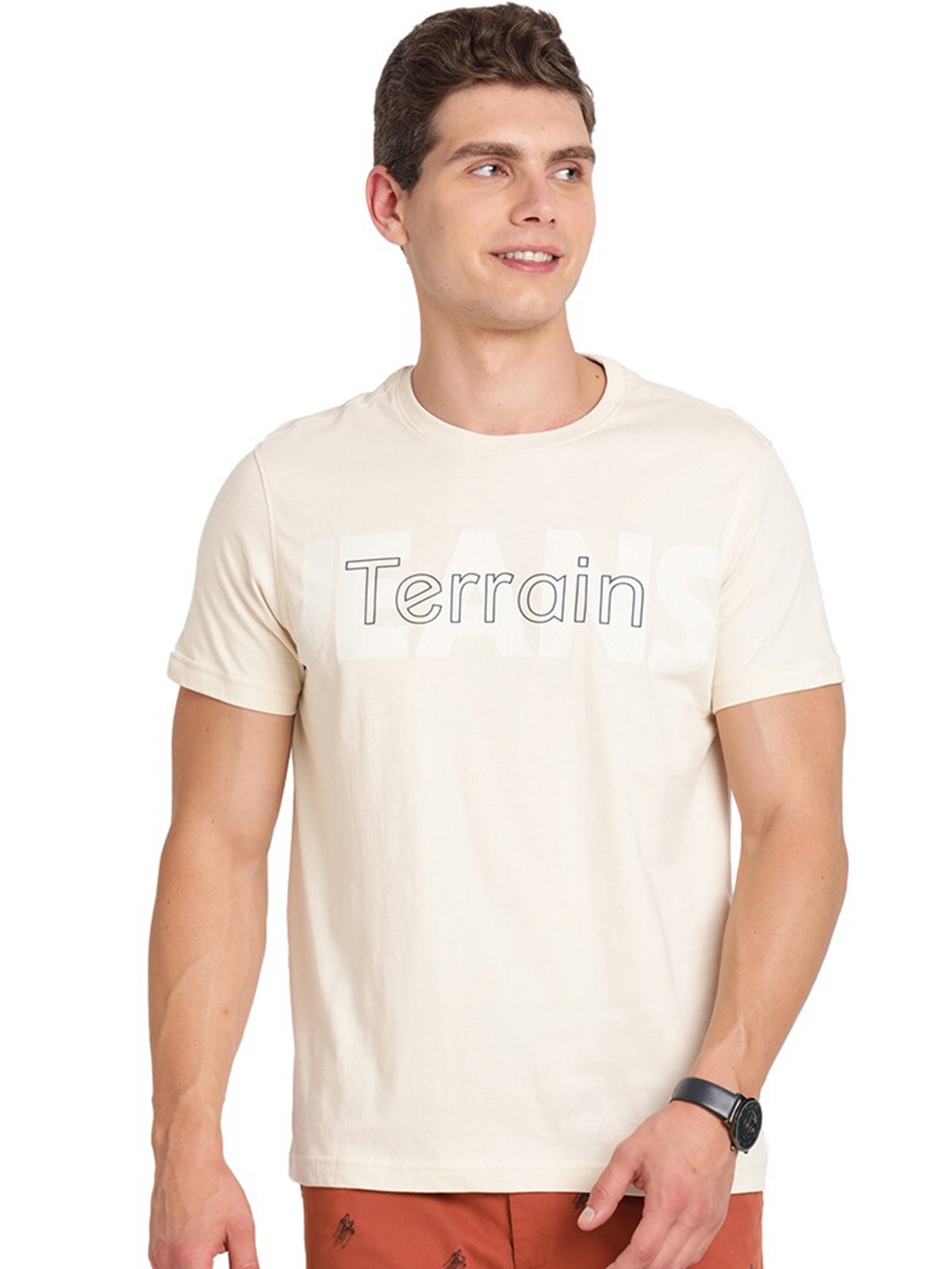 

Indian Terrain Typography Printed Cotton T-shirt, Beige