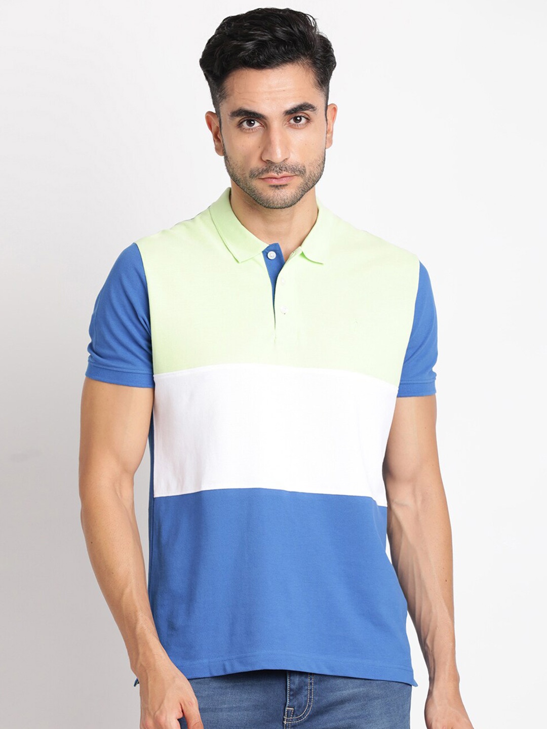 

Indian Terrain Colourblocked Polo Collar Cotton T-shirt, Blue