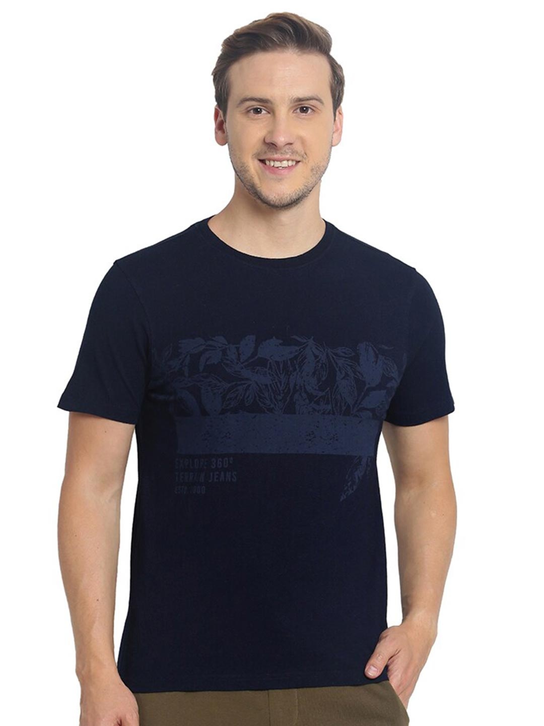 

Indian Terrain Floral Printed Round Neck Cotton Regular T-shirt, Navy blue
