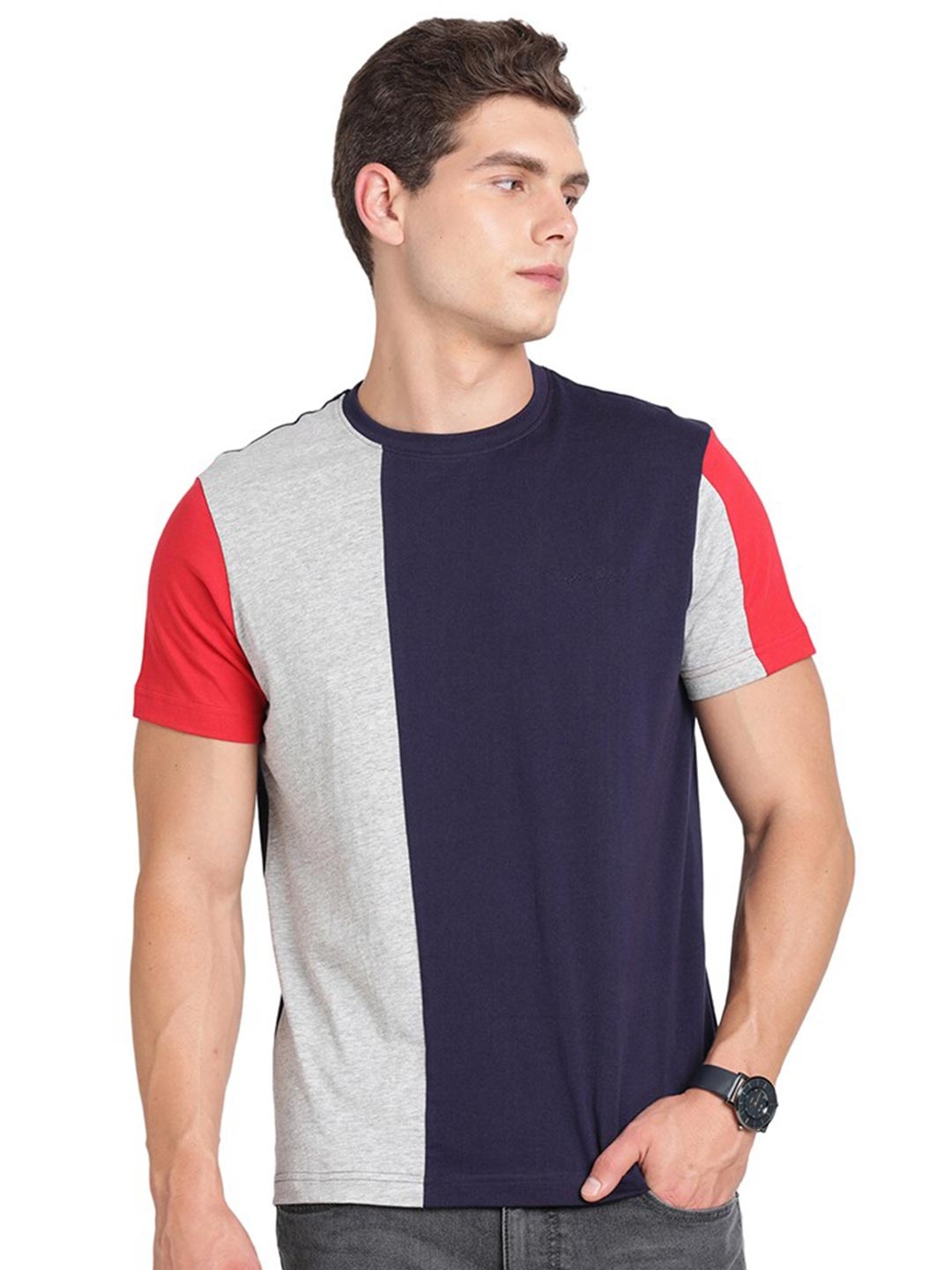 

Indian Terrain Colourblocked Round Neck T-shirt, Navy blue