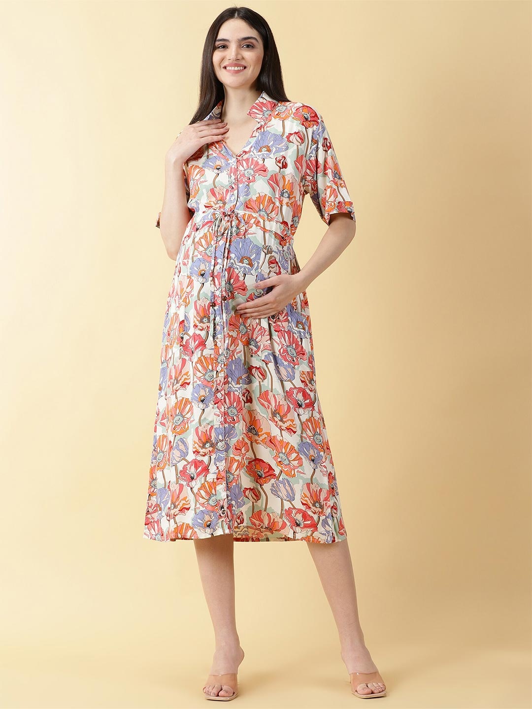 

PURPLE FLAUNT Floral Printed Maternity Shirt Midi Dress, Orange