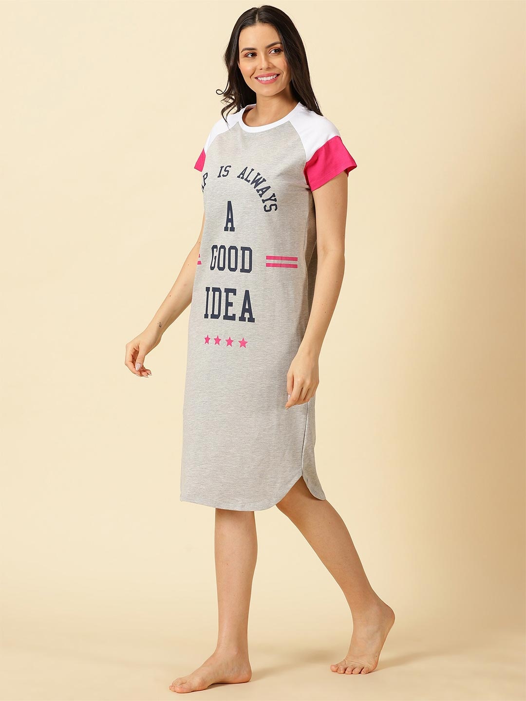 

PURPLE FLAUNT Typography Printed T-Shirt Nightdress, Grey