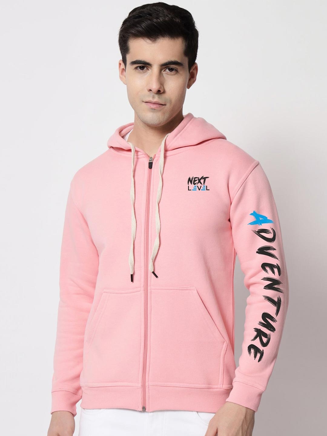 

SLOWLORIS Typography Printed Hooded Front Open Sweatshirt, Pink