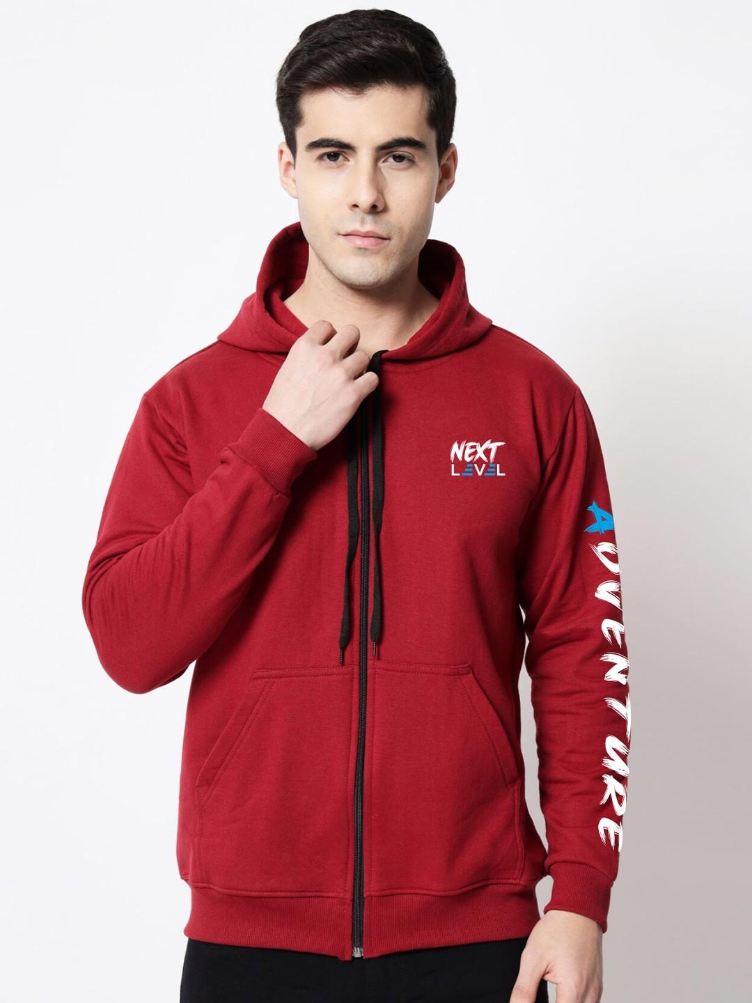 

SLOWLORIS Typography Printed Hooded Front Open Sweatshirt, Maroon