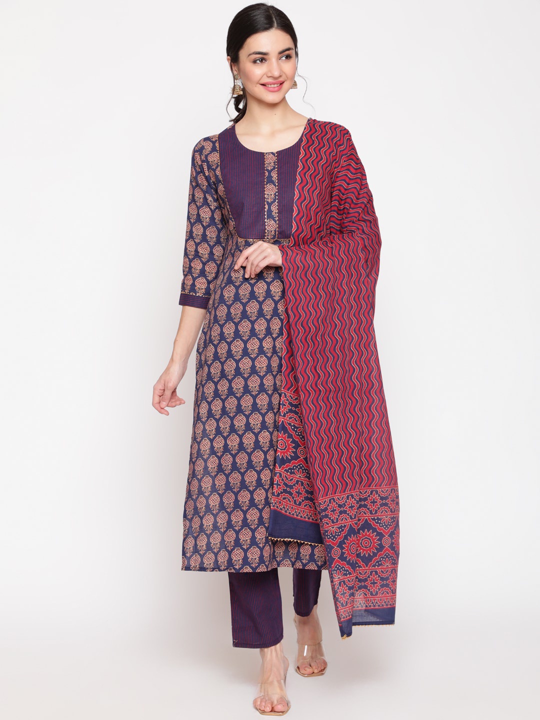

GLAM ROOTS Ethnic Motifs Printed Pure Cotton Kurta With Trouser & Dupatta, Blue
