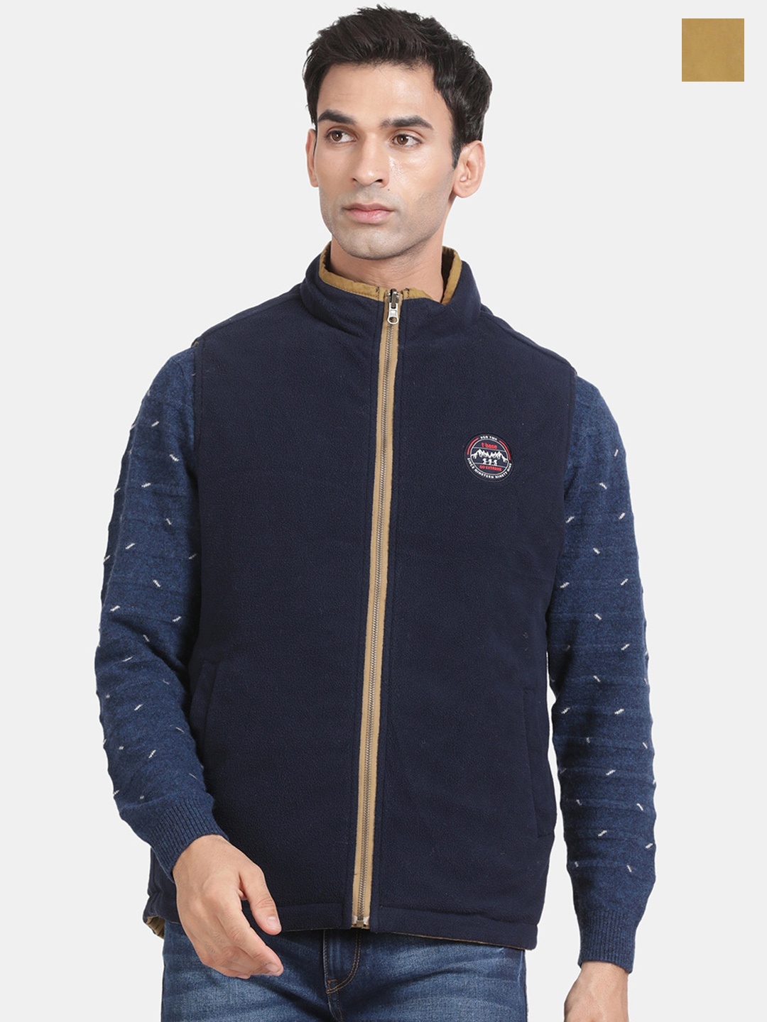 

t-base Mock Collar Sleeveless Zip Detail Cotton Reversible Padded Jacket, Beige