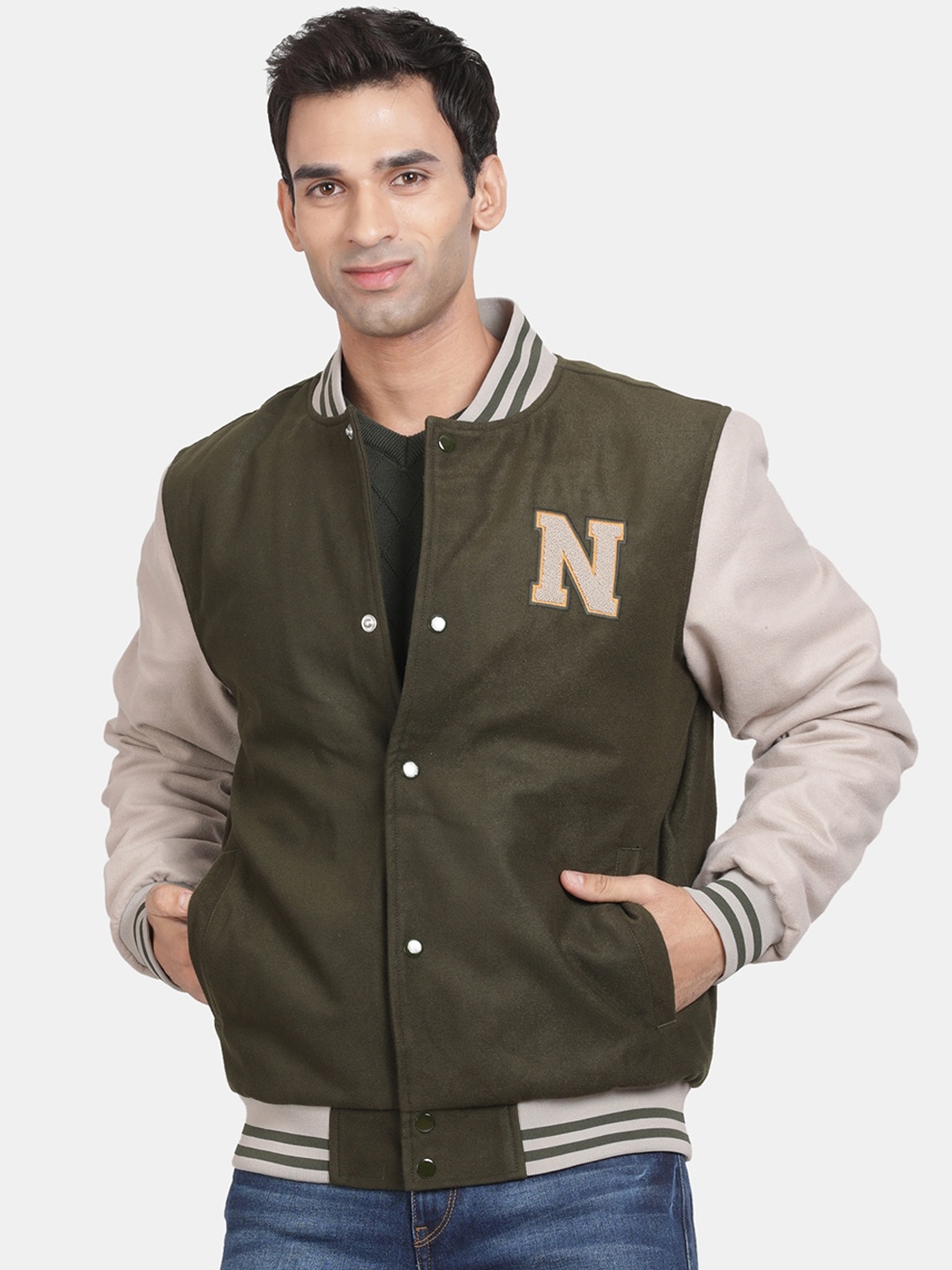 

t-base Typography Printed Insulator Varsity Jacket With Patchwork Detail, Olive