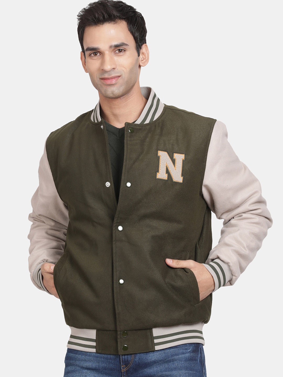 

t-base Insulator typography Printed Mock Collar Varsity Jacket, Olive