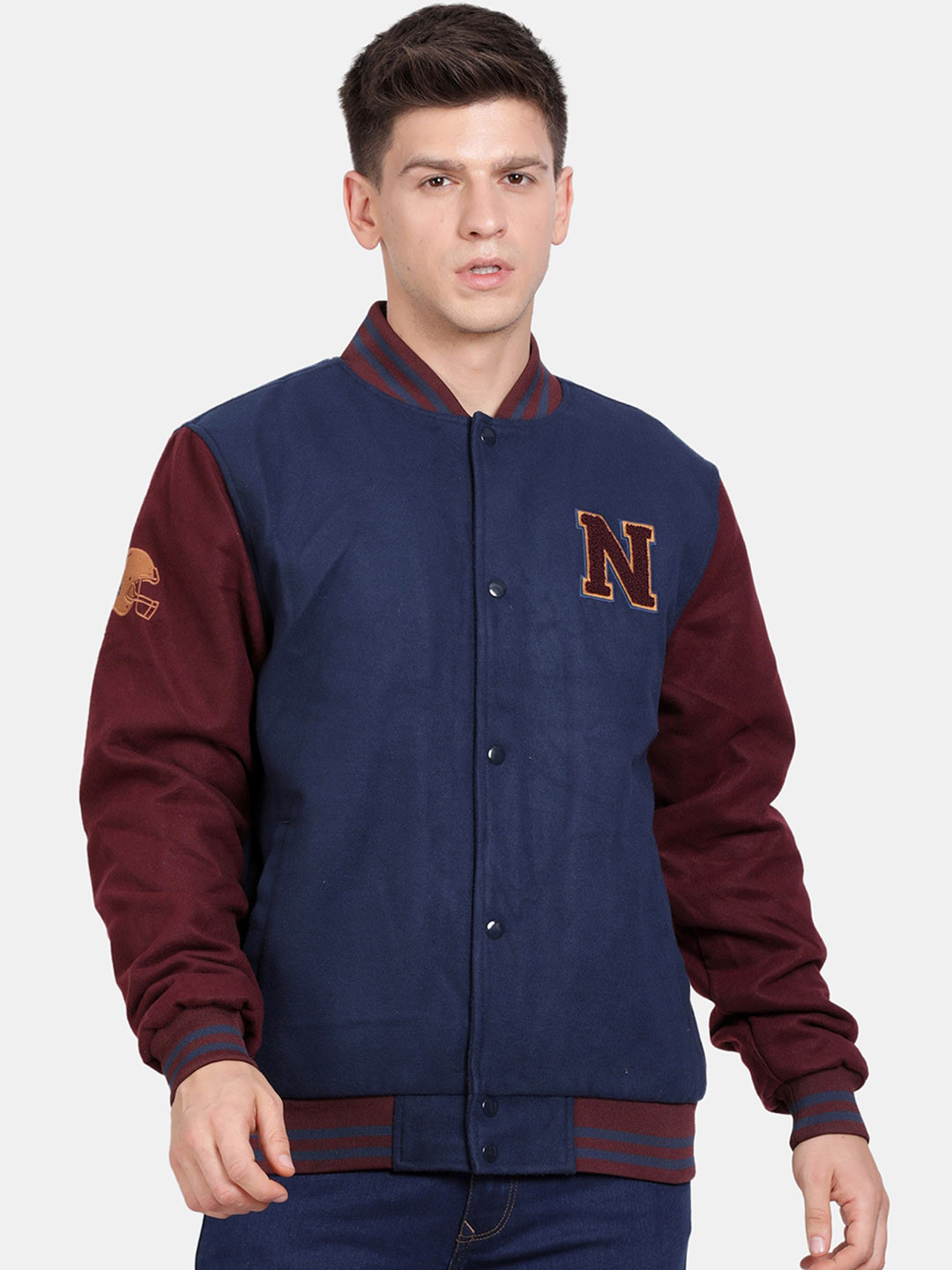 

t-base Colourblocked Mandarin Collar Insulator Varsity Jacket, Blue