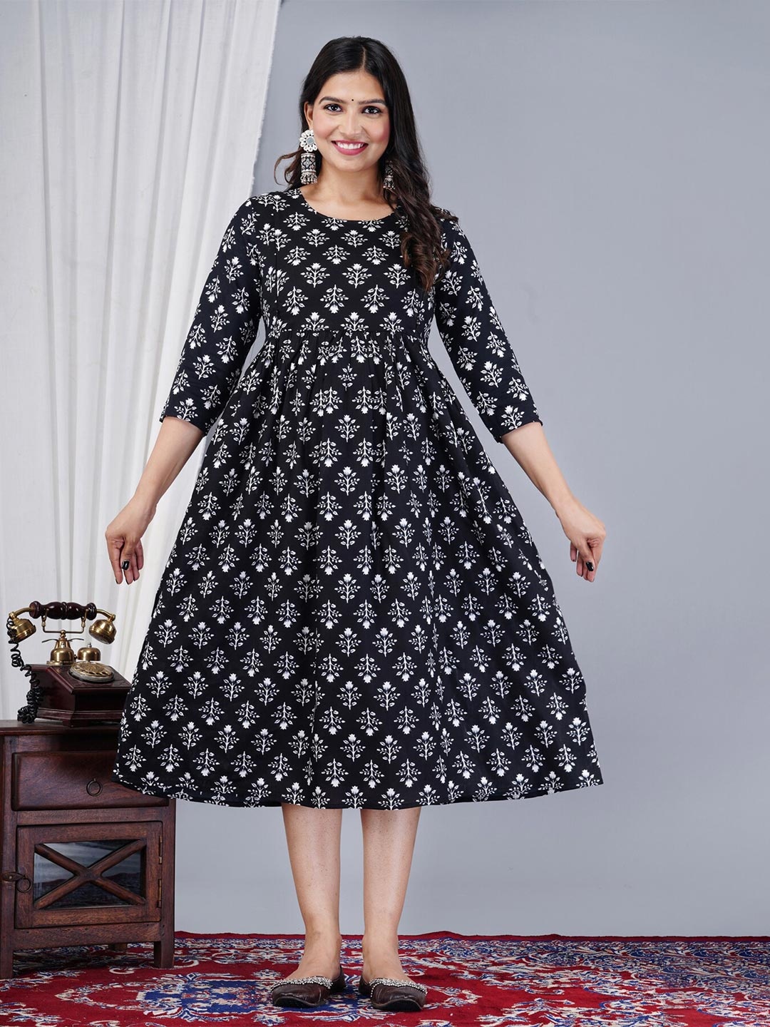 

BAESD Ethnic Motifs Printed Maternity Fit & Flare Midi Ethnic Dress, Black