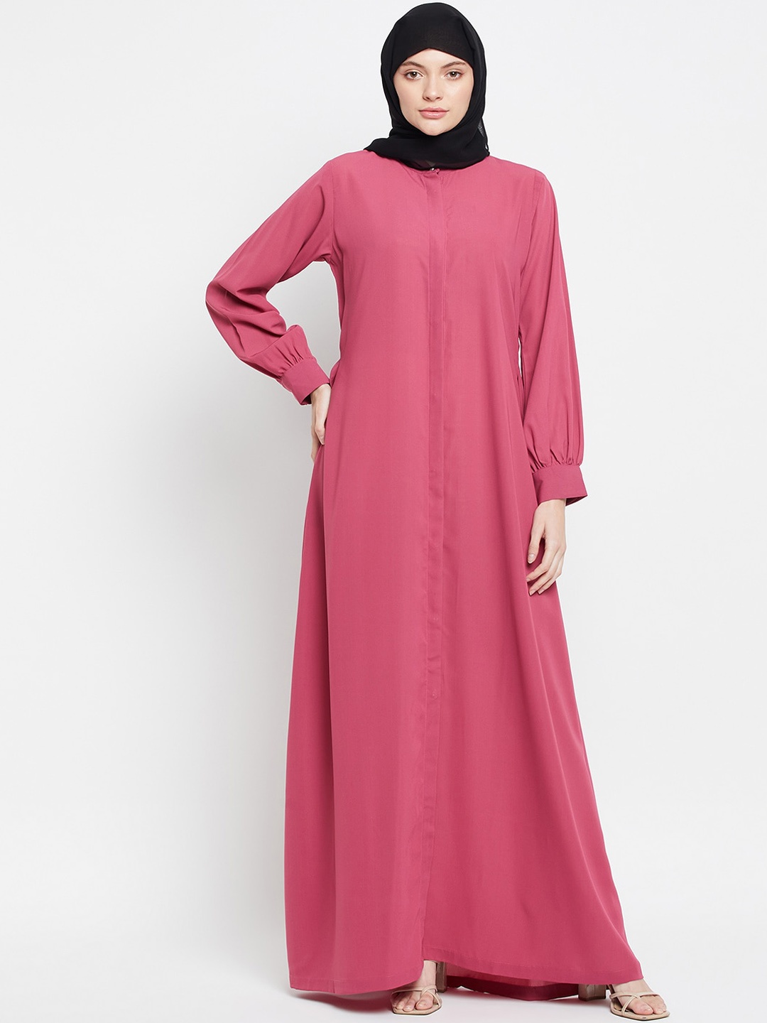 

NABIA Round Neck Front Open Burqa, Pink