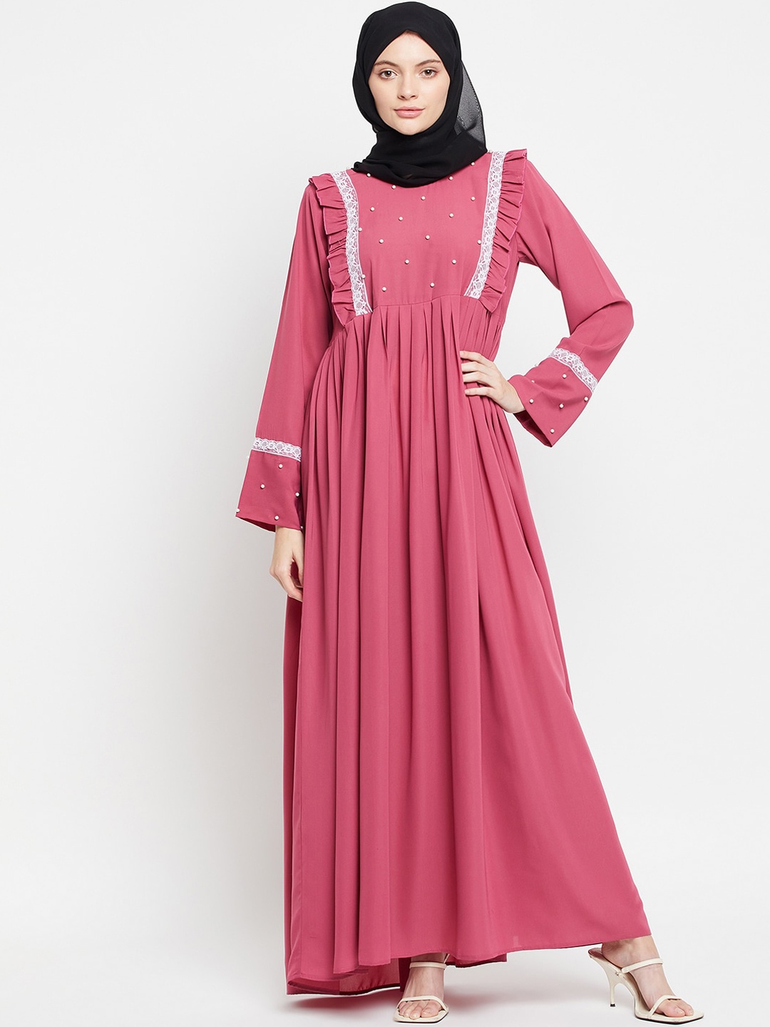 

NABIA Round Neck Lace Burqa, Pink