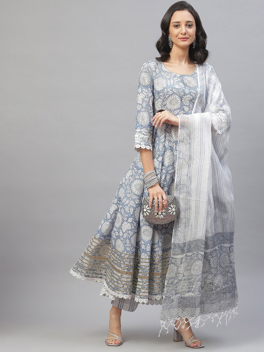 

KALINI Floral Printed Gotta Patti Pure Cotton Anarkali Kurta With Trousers & Dupatta, Blue